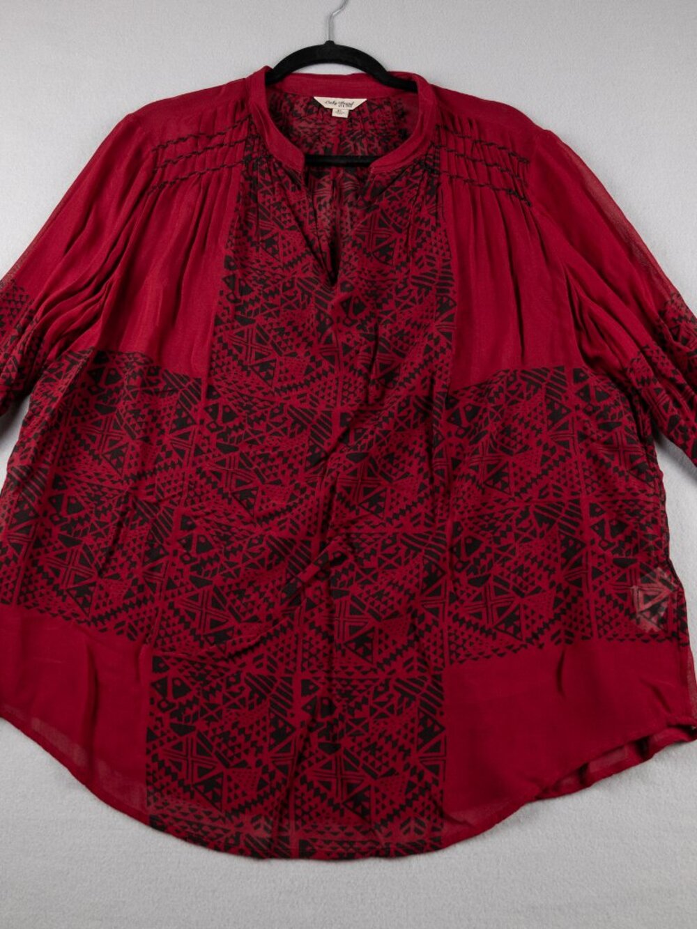 Lucky Brand Womens XL Red Black Boho Geometric Print Rayon Blouse Tunic Top